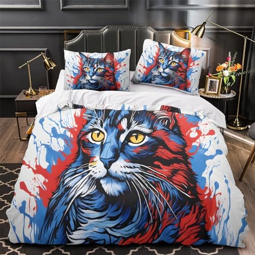 Housse de couette chat aquarelle 200x200 cm avec taies d'oreiller lit double