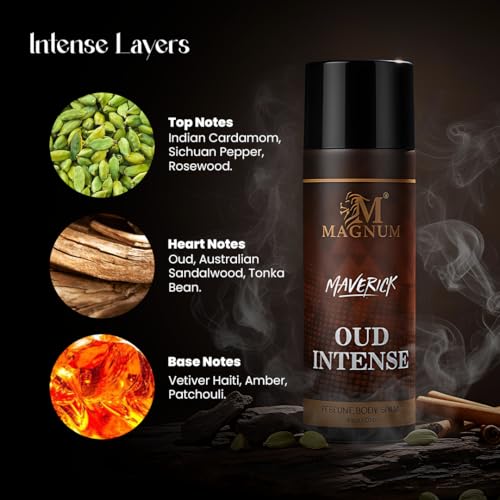 Image of Magnum Maverick Oud Intense Perfume Body Spray for Men - Rare Oud & Warm Amber Fragrance That Lasts All Day | Bold Oriental Spice Scent for Powerful Men | 150ml