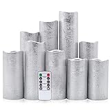Eldnacele Flameless Candles Flickering LED Silver Pillar Candles Warm White Set of 9(H4