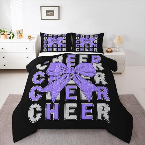 Image of Feelyou Cheer Kids Comforter Set King Size Purplw Bowknot Bedding Set Sport Cheerleader Duvet Quilt for Kids Boys Girls Bedroom Cheerleading Decor Microfiber Ultra Soft Breathable