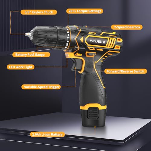 VENUSTEK Cordless Drill Set, 12V Power Drill with 2.0Ah Battery, 2-Speed, 30Nm Torque, 25+1 Clutch, 3/8 Inch Keyless Chuck - Image 2