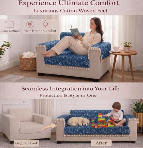 Image of STITCHNEST Woven Fabric Sofa Cover 2 Seater with 2 Hand Rest Covers - Washable Blue Sofa Cover with Tassels - Durable Premium Fabric - Stylish Sofa Protector for Living Room & Furniture Decor