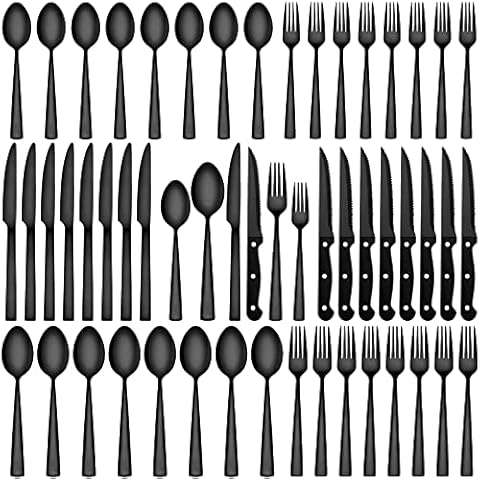 72-Piece Black Silverware Set for 12, CEKEE Stainless Steel Flatware Set for 12, Kitchen Utensils Set for Home Restaurant, Sutlery Set Includes Steak Knife Fork Spoon Set, Heavy Duty Cover