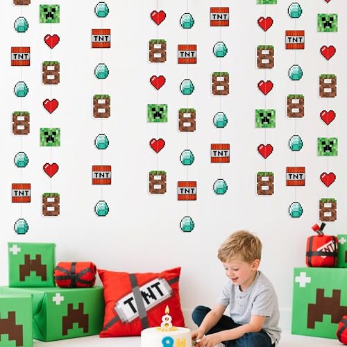 Image of 46Ft Pixel 8th Birthday Party Decorations Green Brown Miner Themed Garland Streamer for Kids Boys 8th Mining Craft Birthday Pixel Miner Gamer Cartoon Baby Shower Mining Party Decor Supplies