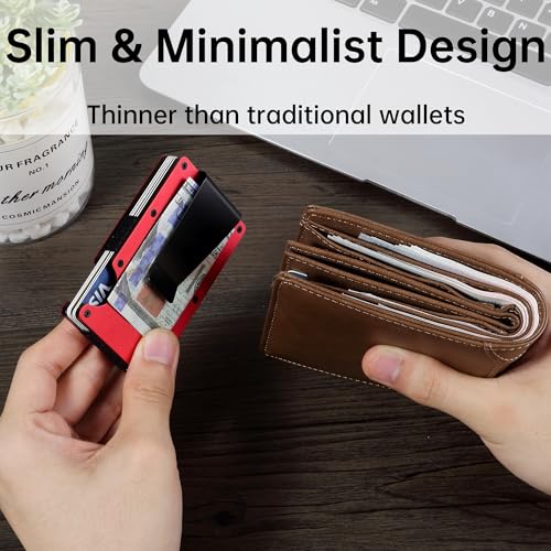 Image of Minimalist Carbon Fiber Wallet for Men, Money Clip Cash Strap Wallet, RFID Blocking Metal Wallet Aluminum Card Holder,Front Pocket Wallet(Matte Red)