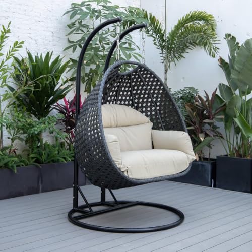 Image of Double Seater Hammock Swing Chair with Stand & Cushion | Heavy Duty Powder Coated Steel Frame | Outdoor Indoor Hanging Swing for Patio Balcony Garden Terrace Living Room (Grey-BEDGE)