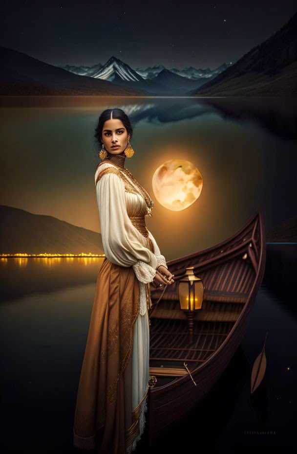 Poster toile femme sur lac 50x70 impression d'art premium