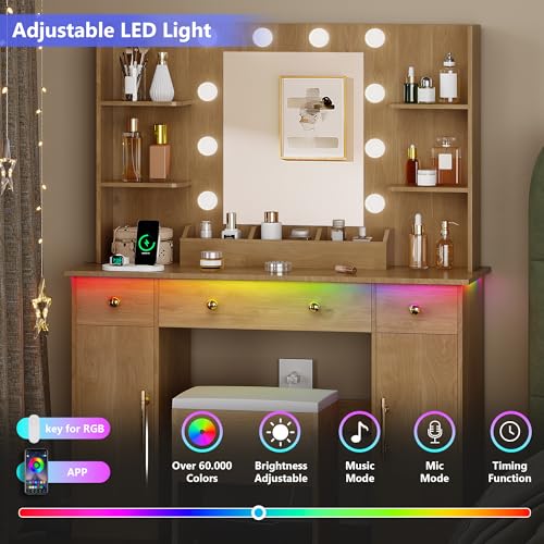 Image of HUANLEGO Vanity Desk with Mirror and Lights, Wood Makeup Vanity with Charging Station & Stool, 3 Drawers and Cabinets, Farmhouse Vanity Mirror with RGB LED Lights Makeup Desk and Chair for Women
