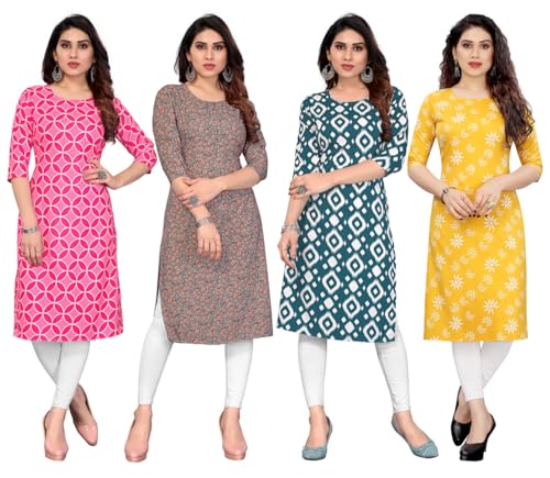 Image of JAKHANA Women's Crepe Printed Casual Straight Calf Length Round Nick Kurta Pack of 4