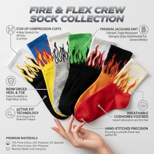Image of Flame Design Crew Socks, Multicolor Cotton Blend, Athletic Style, Novelty Fire Pattern, 7 Pack