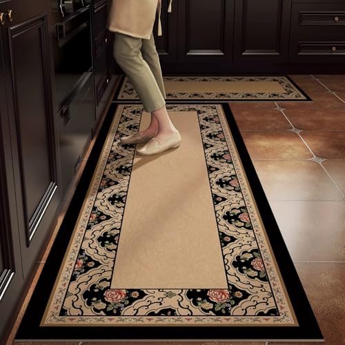 Roslen Kitchen Mat for Floor Anti Slip, 2 Pcs Non Slip Kitchen Mats for Floor, Washable Kitchen Floor Rugs with Rubber Backing, Comfortable Standing Mat for Kitchen, Sink, Balcony & Office
