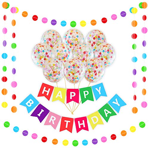 Happy Birthday Rainbow Banner Decoration Set | 16 Pack Bright Confetti Balloons Pre-Filled | 16FT Colorful Garland