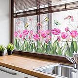 WandSticker4U®- Fensterbilder Blumen selbstklebend TULPEN in Rosa (58 x45 cm) I Fenstersticker Frühling Pflanzen Schmetterlinge I Fensterdeko Wohnzimmer Frühlingsdeko Blumen Küche Bad