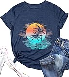 Sunset Palm Tree T-Shirt for Women Beach Vacation Vintage Graphic Short-Sleeve Top-Dark blue2 L