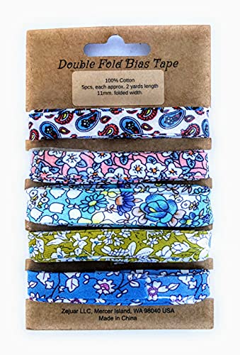 Double Fold Bias Tape, Colors 5 Floral Patterns Cotton For Sewing ~ 1/2 Inch Width Folded, 2 Yards Each. #TOP11
