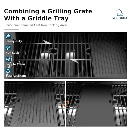 MFSTUDIO-4-Burners-Propane-Gas-Grill-with-Griddle-Plate-2-in-1-Griddle-Grill-with-Side-Burner-and-Porcelain-Enameled-Cast-Iron-Grates-46700-BTU-Outdoor-Cooking-Barbecue-Grill-Black MFSTUDIO 4 Burners Propane Gas Grill with Griddle Plate 2 in 1 Griddle Grill with Side Burner and Porcelain Enameled Cast Iron Grates 46700 BTU Outdoor Cooking Barbecue Grill Black