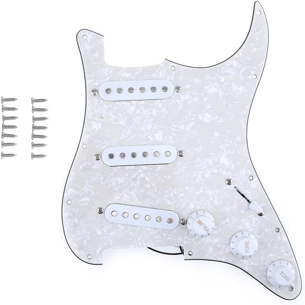 11-Hole SSS Prewired Loaded Pickguard with Single Coil Pickups Set for Fender Squier Strat Electric Guitar,4Ply Aged White Pearl