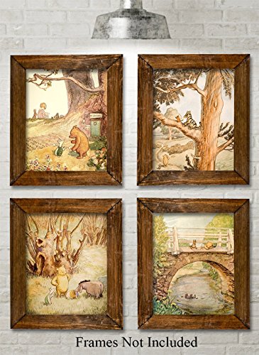 Classic Winnie The Pooh Decorations - 8X10 Unframed Print (Set Of 4) - Pooh Bear Poster Print Wall Art, Classic Winnie The Pooh Nursery Decor, Playroom Pooh Bear Decals, Winnie The Pooh Wall Decor #TOP3