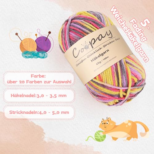 Coopay Wolle zum Häkeln, 5 x 45g Farbverlauf Häkelgarn, 5-Fädig Wolle zum Stricken, Weicher Häkelgarn Mehrfarbig, Bunt Garn zum Stricken Häkeln, Schönes Acrylgarn für Anfänger,Rosa Grün