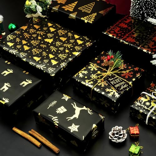 Papel de embrulho de Natal, 6 folhas de papel de embrulho preto e dourado, papel de embrulho de rena