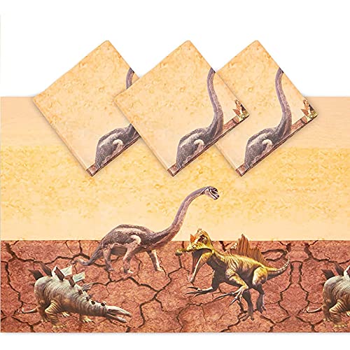 Image of BLUE PANDA Plastic Tablecloth - 54 x 108 in, Brown, 3 Pack - Disposable & Reusable Tablecloth for Dinosaur Birthday Party & Party Decorations
