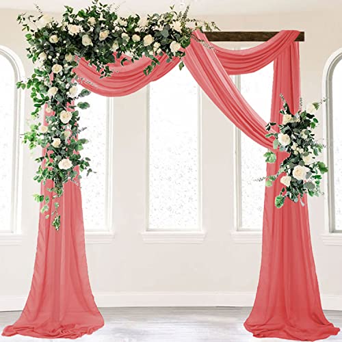Fanproms Wedding Arch Draping Fabric 1 Panels 20Ft Coral Sheer Curtains Drapes For Wedding Party Arbor Decortations Chiffon Wedding Arch Drapes Tulle Ceiling Drapery For Wedding Reception Archway #TOP2