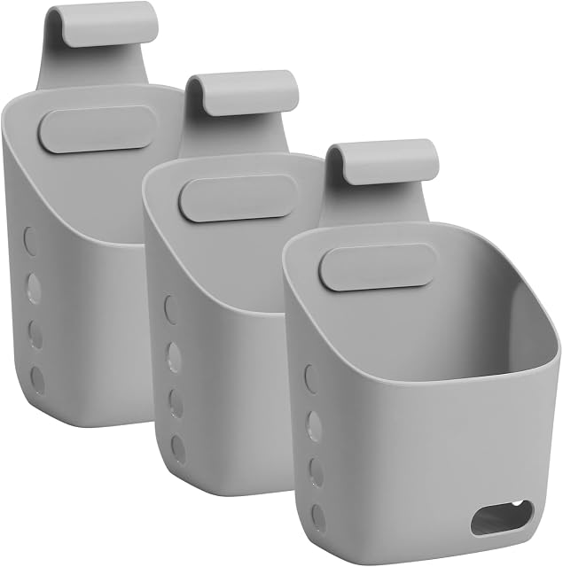3 Pcs Plastic Hanging Baskets, Hanging Storage Organizer Boxes, Shower Baskets Boxes Wall, with Hooks and Drainage Hole for Bathroom Caddy Organizer, Kitchen, Wardrobe, Closet - Grey