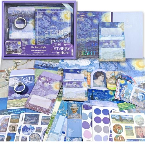 LCLAIDYDY Scrapbooking Supplies Kit,Vintage Van Gogh Oil Painting Aesthetic Scrapbook Kit,Bullet Junk Journal,A6 Grid Notebook,Journaling DIY Craft Gift for Teen Girl Women