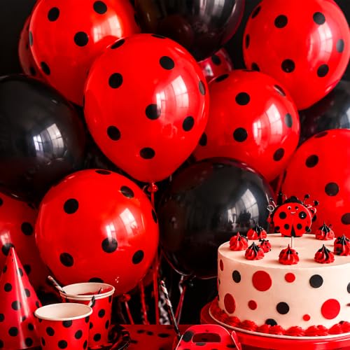 Image of TONIFUL 100 Pack Red Polka Dot Latex Balloons 12 Inch - Black Dots on Red for Ladybug Themed Birthday Carnival Baby Shower Graduation Party Decorations