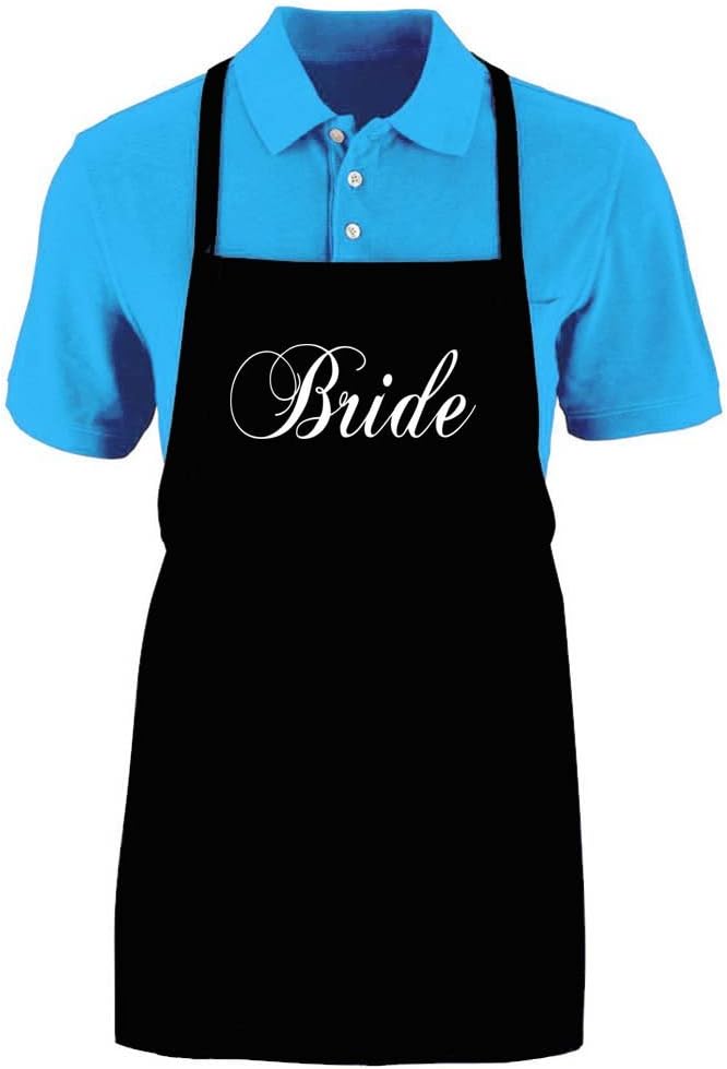 Funny "BRIDE" Apron; One Size Fits Most - Medium Length Kitchen Aprons for Men, Women, Teen, & Kids (Unisex); Soft Cotton Polyester Mix with DuPont Teflon Fabric Protector. Great gift idea.