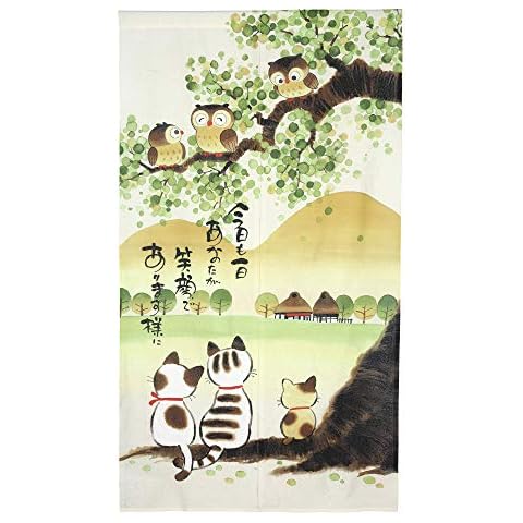 RLoncomix Japanese Noren Long Doorway Curtain Owls and Cats Window Treatment Tapestry for Nursery Home Decoration 33 x 59 inch Cover