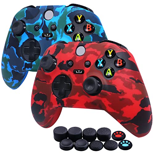 [2 Stück] Jusy Silikon Hülle für Xbox Series X/S Controller, Anti-Rutsch Anti-Schweiß Controller Hülle Skin Case x 2 mit FPS PRO Thumbsticks Thumb Grips Aufsätze x 10 (Blau+Rot)