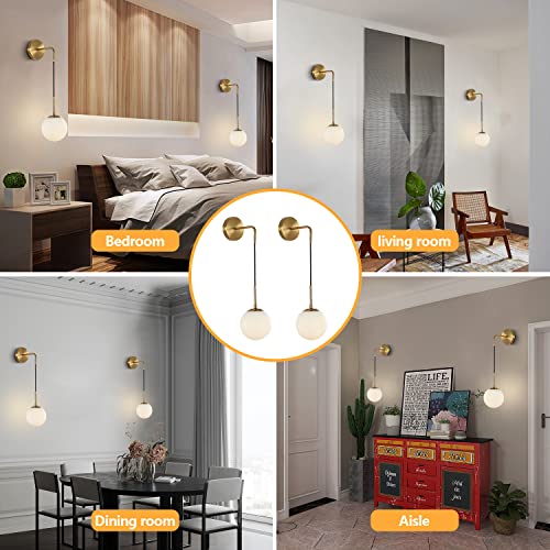 Image of KCO Lighting Frosted White Glass Wall Sconce Set of Two Brass Gold Globe Ball Wall Light Adjustable Cord Industrial Vanity Wall Lamp for Bathroom Mirror Bedside Stairs (White)