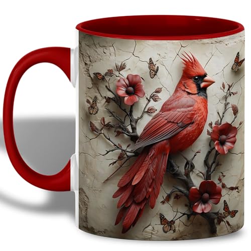 Cardinal Bird Coffee Mug, 11oz Ceramic Red with Songbird and Flower Design, Gift for Women, Nature Lovers, Birthdays, Tea, Coffee, Hot Chocolate Lovers, Artistic and Elegant (Red Cardinal Bird)