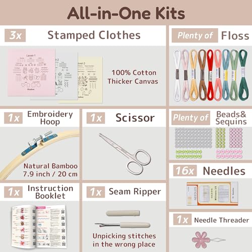image for Bradove Beginner Embroidery Kit for Adults Kids, Learn to Embroider 37