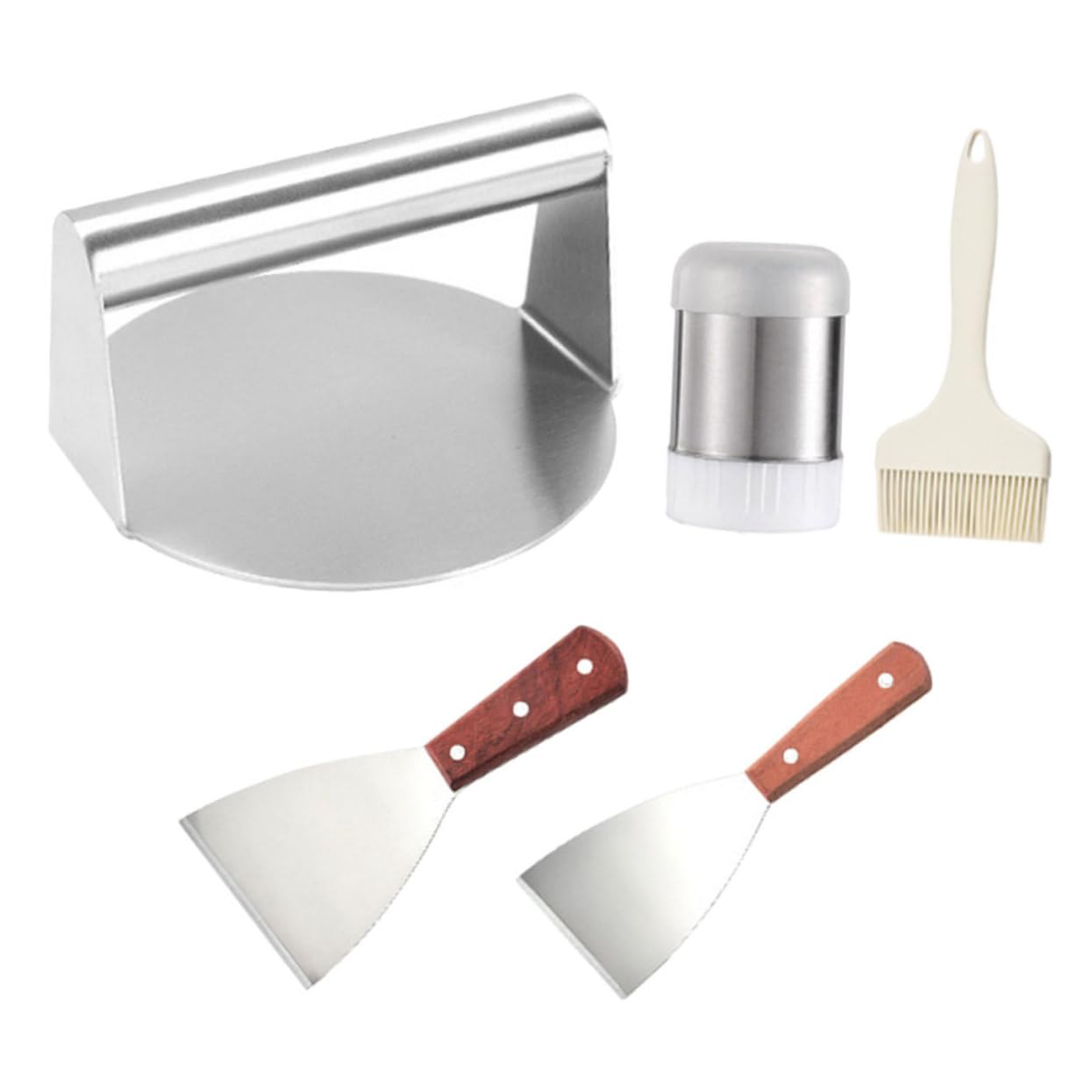 ABOOFAN Set 5 Pezzi Accessori per Barbecue Outdoor Pressa per Carne, Spatola e Pennello in Metallo Inossidabile
