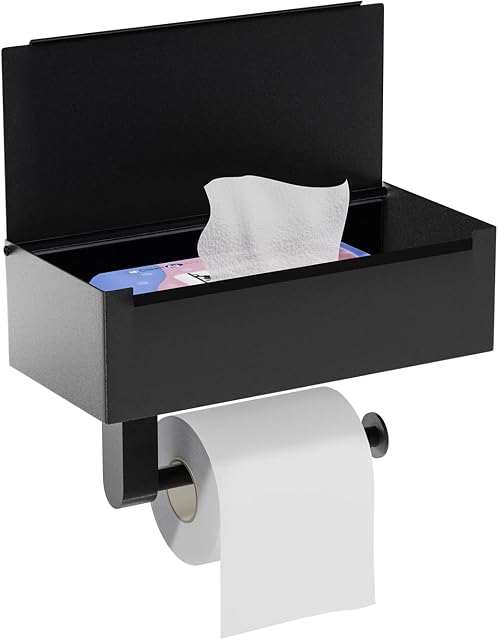 Seahelms Toilet Paper Holder with Flushable Wipes Dispenser, Toilet Roll Holder for Bathroom with Shelf, Stainless Steel Toilet Tissue Holder Toilet Roll Holder Wall Mount - Black