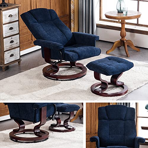 Mcombo Swivel Recliner With Ottoman, Manual Recliner Chairs With Wood Base For Living Room Bedroom Office, Chenille Fabric 4919 (Blue) #TOP4