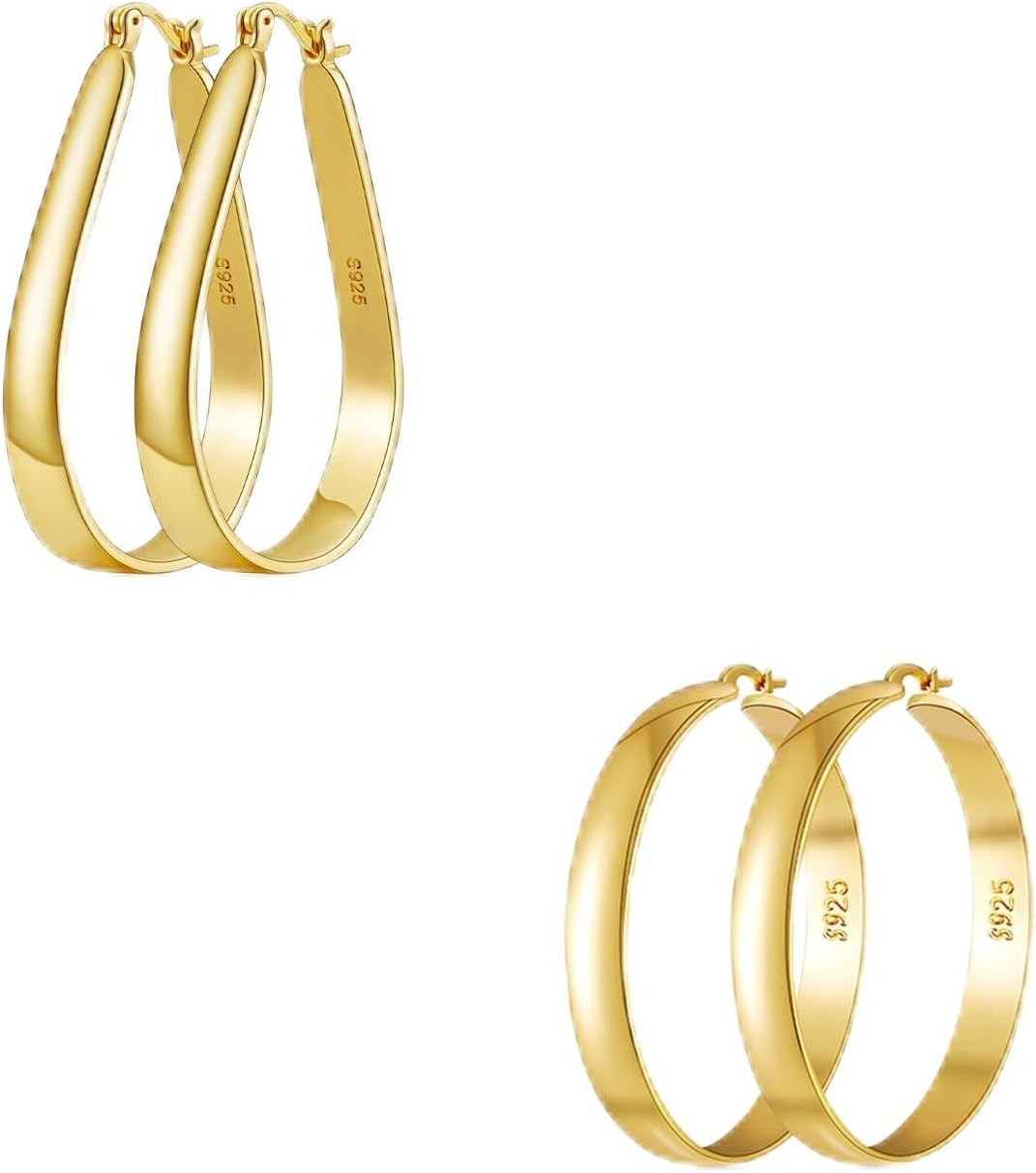 14K Plated Gold Hoops Earrings and Oval Hoop Earrings Set Hypoallergenic and Lightweight Big Hoop Earrings for Women