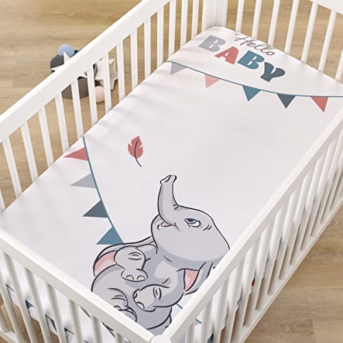 Image of NoJo Disney Dumbo Gray, Teal, and White Hello Baby Nursery Photo Op Fitted Crib Sheet