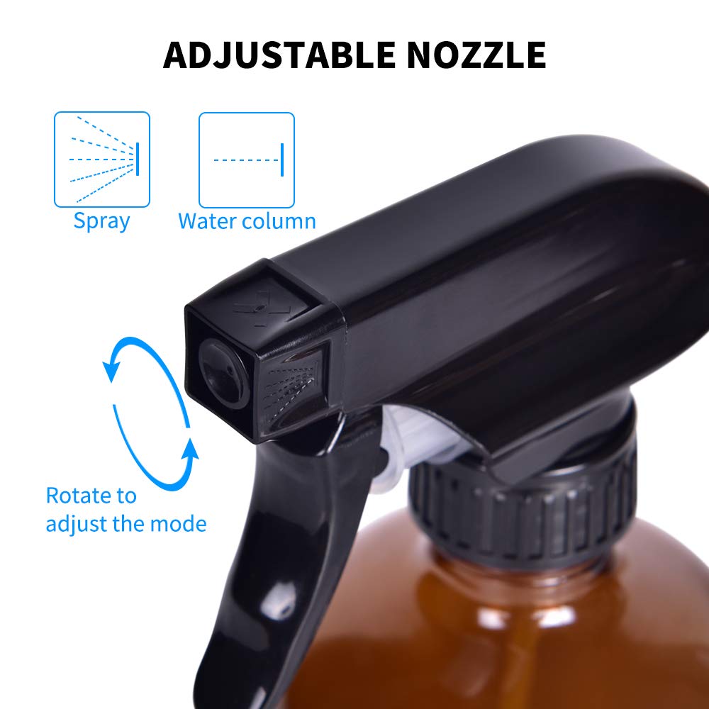 Amber Mister Empty Glass Spray Bottle 16oz, 16 oz Refillable Glass Atomizer Spray Bottles Container for Cleaning, 3 Pack