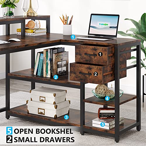 Image of Tribesigns Reversible L Shaped Desk with Drawer, Brown Corner Desk with Storage Shelves and Monitor Stand, Writing Table for for Small Space (Rustic)