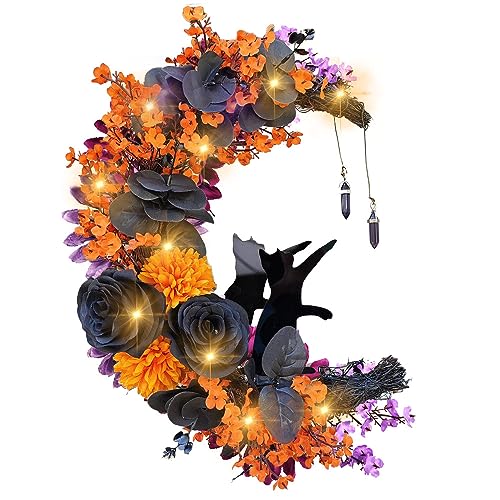 Halloween Wreaths Decor for Front Door, 13.77" Halloween Moon Wreath with Black Cat Wood Wreath Halloween Wreath Horror Decorations for Window Wall Indoor Outdoor (Style C, With LED Light)
