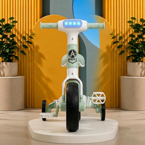 Image of Stardust 3-in-1 Kids Tricycle, Bicycle & Balance Bike for 2-5 Years Boys & Girls | Convertible Toddler Cycle with LED Light, Music & Foldable Training Wheels | Ride-On Toy (Green)