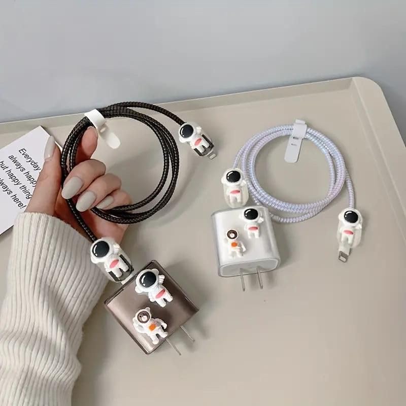 Image of Dezet for iPhone Charger 18-20W Cute Cartoon Charging Cable Protector Set for iPhone Fast Charging USB Cable with Protective Silicone Cover & Organizer Clip Stylish Design (WHITE-2-ASTRO)