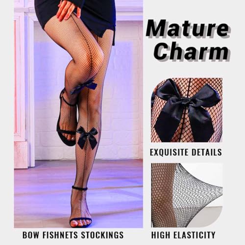 Lace Fishnet Tights Bow Transparent Mesh Pantyhose for Women White 2 Pairs3