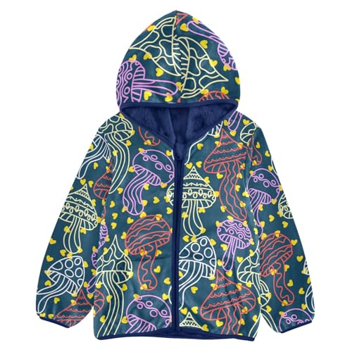 Neon Print Mushrooms Girls Fleece Jacket Girls Fall Jacket Girls Zip Up Hoodie Girls Sherpa Jacket 2-10T