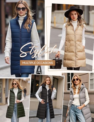 CMTOP Lange Steppweste Damen Leichte Weste mit Kapuze Warme Lässiges Übergangsweste Ärmellos Winterjacke mit Reissverschluss Taschen Lose Outdoorjacke für Wandern Camping(Schwarz, M)
