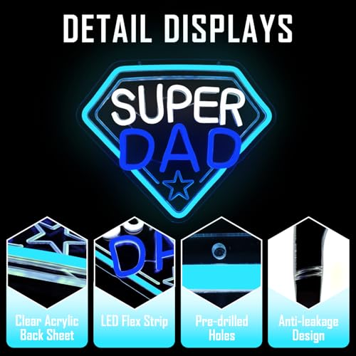 Image of Fathers Day Neon Sign Super Dad Led Sign Dimmable Father's Day Decorations New Dad Neon Lights Super Dad Decorations for Father Dad Birthday Gifts
