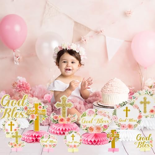 Image of ANGOLIO 12Pcs Floral God Bless Decorations First Communion Honeycomb Centerpiece Double Sided Table Toppers for Baby Girl Baptism Party Decor Christening Celebration Religious Photo Props Decor Girls
